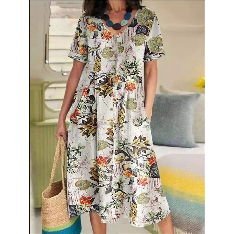 Women's Yellow Navy Blue Purple Summer Spring Midi Dress Cotton Linen Dresses Casual Dress Cotton Summer Dress Basic Casual Outdoor Vacation Daily Loose Fit Floral Flower V Neck