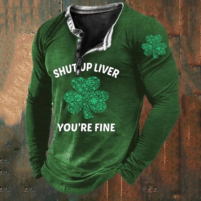St.Patrick's Day Men's Henley Shirt Tee Graphic Clover Henley Clothing Apparel 3D Print Daily St.Patrick's Day Long Sleeve Button-Down Print Fashion Designer4