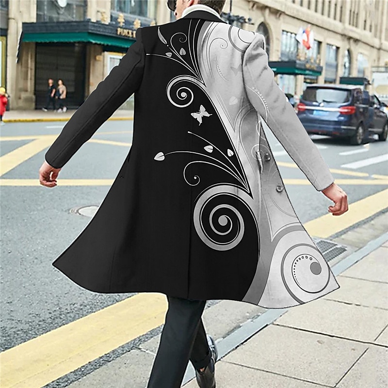 Men's Floral Graphic Prints Winter Coat Overcoat Coat Warm Comfortable Breathable Fashion Streetwear Business Work Wear to work Going out Pocket Print Fall & Winter Turndown Long Sleeve Black Wine3