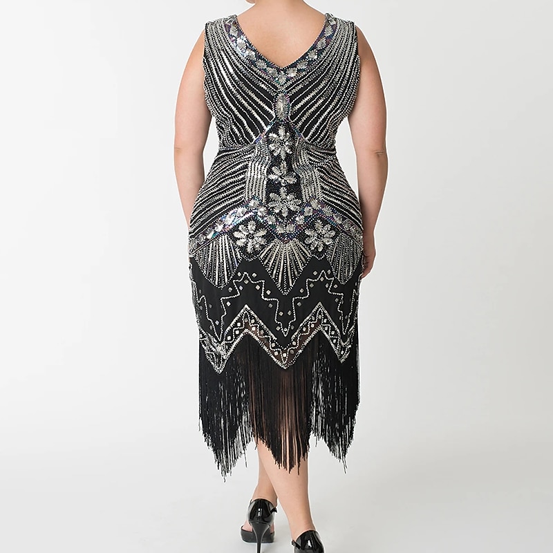 6 Pcs Flapper Dress with Accessories S-4XL Plus Size 1920s Cocktail Dress Feather Headband Earings Necklace Gloves Plastic Cigarette Holder Sequins Tassel Fringe Party Evening Prom Masquerade3