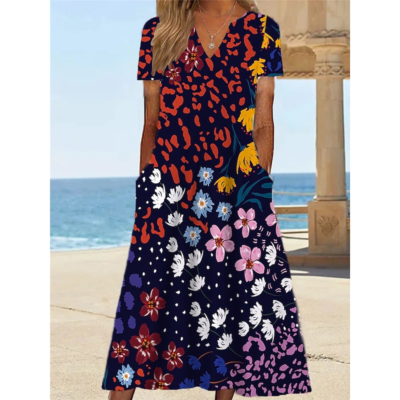 Women's Midi Dress Shift Dress Sundress Floral Pocket Print V Neck Date Vacation Short Sleeve Summer Spring4