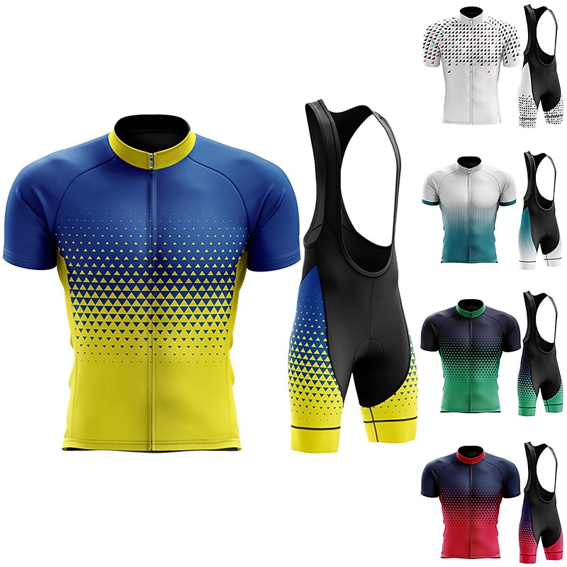 Men's Cycling Jersey with Bib Shorts Short Sleeve Mountain Bike MTB Road Bike Cycling White Yellow Blue Dot Bike Clothing Suit 3D Pad Breathable Quick Dry Back Pocket Polyester Spandex Sports