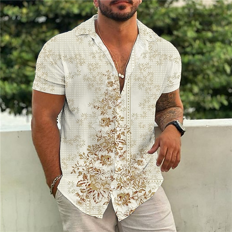 Men's Floral Ethnic Shirt Boho Shirt Button Up Shirt Short Sleeve Tropical Designer Boho Casual Beach Summer Spring Turndown Print Button-Down Yellow Pink Blue Green Gray
