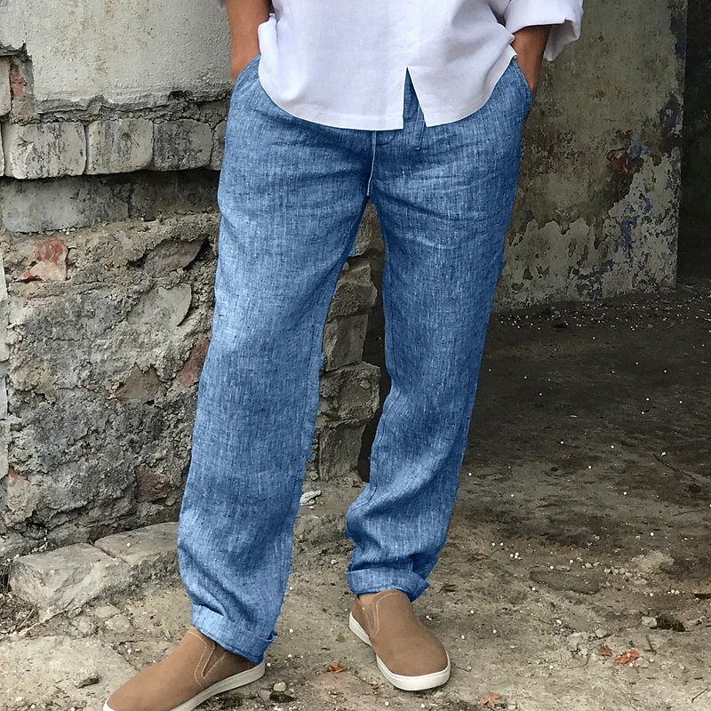 Men's Linen Pants Trousers Summer Pants Beach Pants Drawstring Elastic Waist Straight Leg Plain Comfort Breathable Casual Daily Holiday Streetwear Designer Gray2