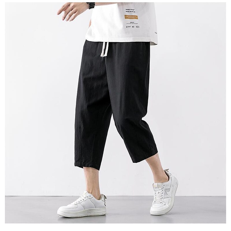 Men's Trousers Linen Shorts Summer Shorts Capri Pants Straight Pocket Elastic Waist Solid Color Comfort Breathable Ankle-Length Sports Outdoor Daily Casual Folk Style Black Blue Micro-elastic4