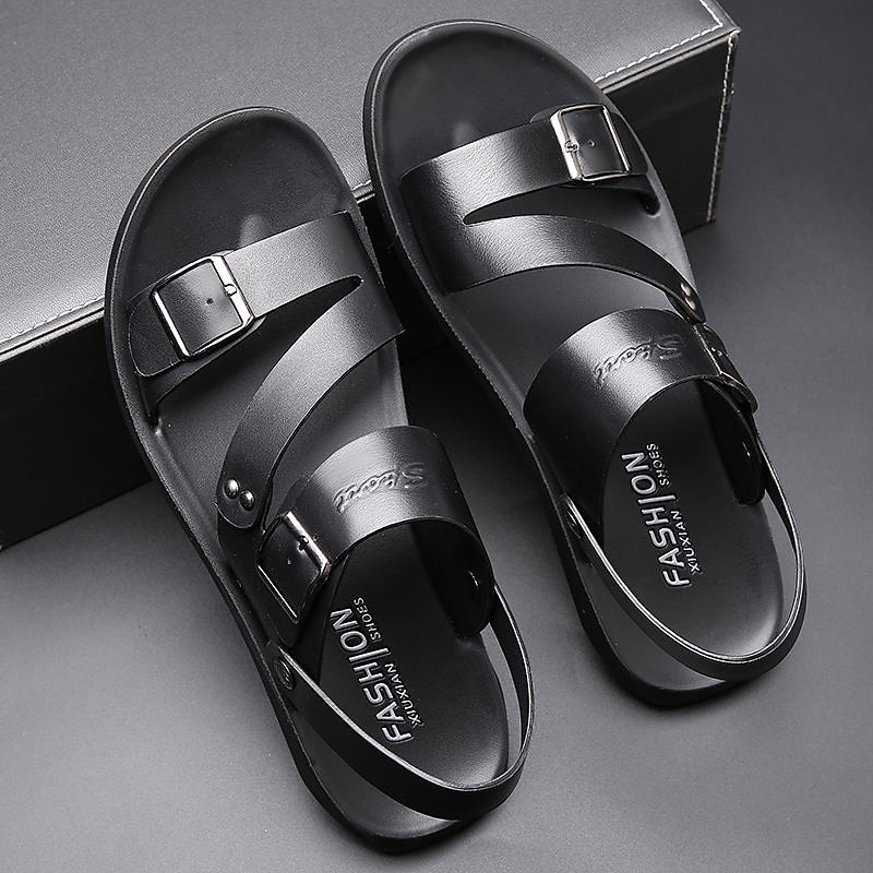 Men's Black Faux Leather Sandals with Double Buckle Straps and Cushioned Sole - Casual Summer Footwear for Daily Wear
