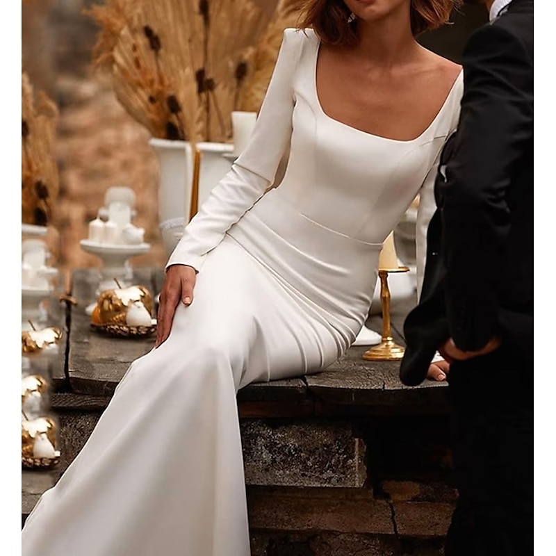 Beach Wedding Reception Open Back Royal Style Simple Wedding Dresses Mermaid/Trumpet Square Neck Long Sleeve Court Train Satin Bridal Gowns With Solid Color Summer and Fall Wedding Party dress