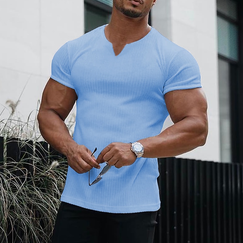 Men's T Shirt Muscle Shirt Ribbed Knit tee Short Sleeve V Neck Summer Plain Fashion Designer Casual Print Street Sports Holiday Black White Pink Top Tee for Men4