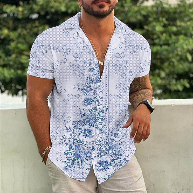 Men's Floral Ethnic Shirt Boho Shirt Button Up Shirt Short Sleeve Tropical Designer Boho Casual Beach Summer Spring Turndown Print Button-Down Yellow Pink Blue Green Gray2