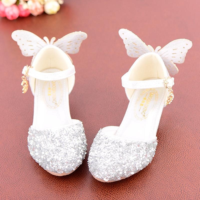 Girls' Sparkling Butterfly-Embellished Ballet Flats – Glittery Silver Sandals with Adjustable Strap for Weddings, Parties, and Special Occasions
