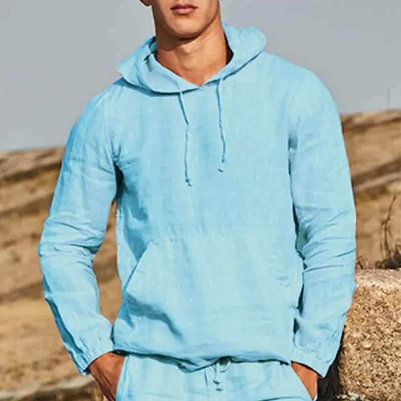 Men's Cotton Linen Shirt White Cotton Shirt Summer Shirt Beach Shirt Plain Casual Daily Black White Blue Long Sleeve Hooded Spring & Summer Clothing Apparel Front Pocket