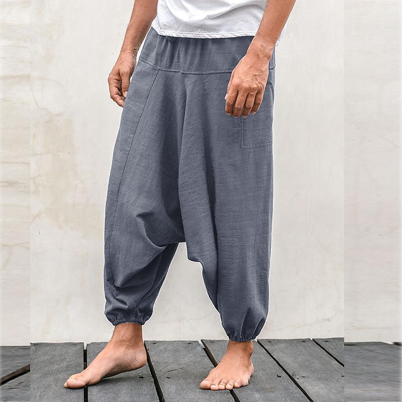 Men's Linen Pants Trousers Summer Pants Bloomers Beach Pants Drawstring Baggy Drop Crotch Plain Breathable Gym Yoga Linen / Cotton Blend Classic Casual Loose Fit Blue Grey