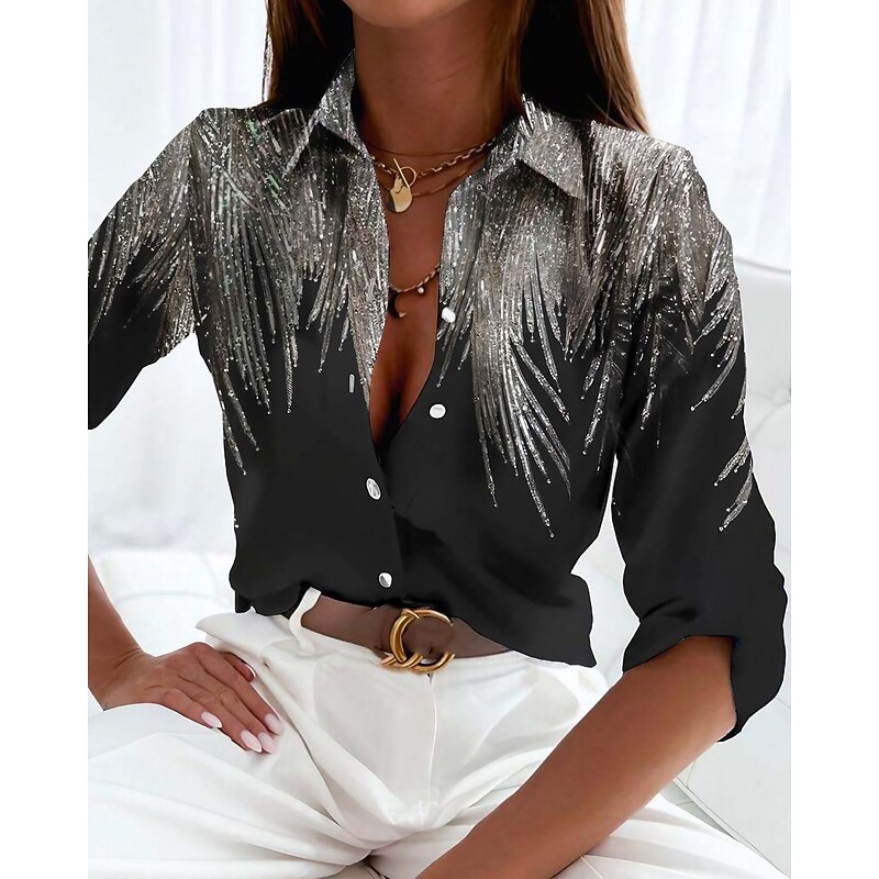 Women's Shirt Button Down Tunic Shirt Collar Long Sleeve Basic s Print Regular Tops Casual Daily Black Spring Fall