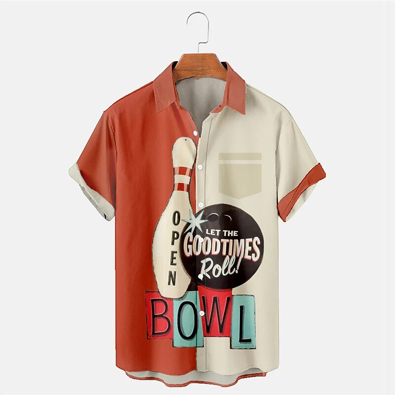 Men's Bowling Ball Shirt Short Sleeve Sports Fashion Streetwear Outdoor Casual Daily Summer Spring Turndown Print Button-Down Blue Orange Green2