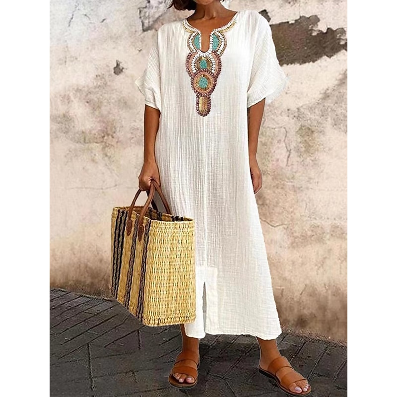 Women's White Pink Blue Summer Spring Long Dress Maxi Dress White Dress  Cotton Linen Dresses Casual Dress Basic Casual Outdoor Daily Holiday  Regular Fit Geometric V Neck - Product Details