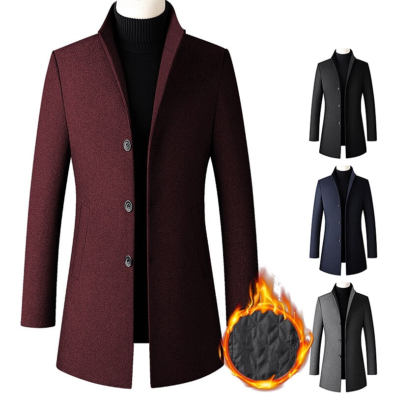 Men's Winter Coat Wool Coat Overcoat Business Daily Wear Fall Winter Wool Thermal Warm Outdoor Outerwear Clothing Apparel Fashion Warm Ups Solid Colored Pocket Standing Collar Single Breasted