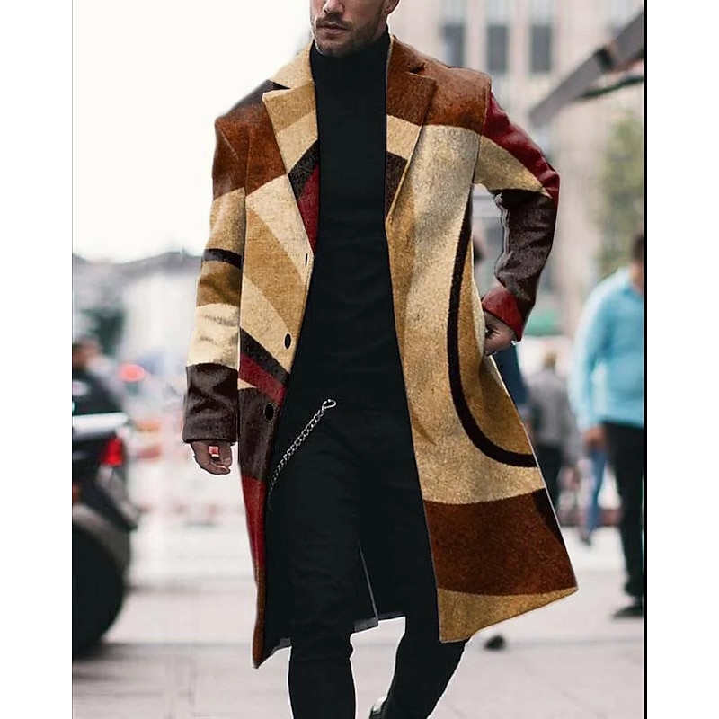 Men's Color Block Graphic Prints Geometry Winter Coat Overcoat Coat Warm Comfortable Breathable Fashion Streetwear Business Work Wear to work Going out Pocket Print Fall & Winter Turndown Long Sleeve