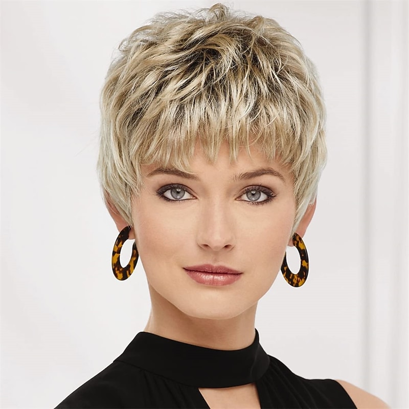 Chic Pixie Wig with Shattered Bangs and Tousled Layers / Multi-Tonal Shades of Blonde Silver Brown and Red