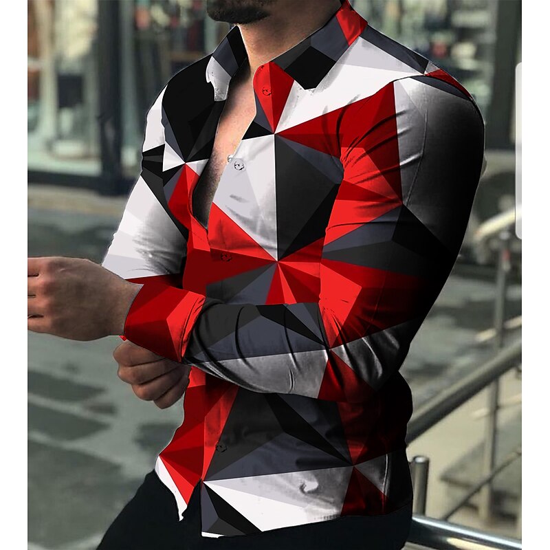 Men's Color Block Geometric Pattern Geometry Shirt Button Up Shirt Long Sleeve Fashion Designer Casual Outdoor Casual Holiday Fall & Winter Turndown Print Button-Down Black White Red Blue Green3