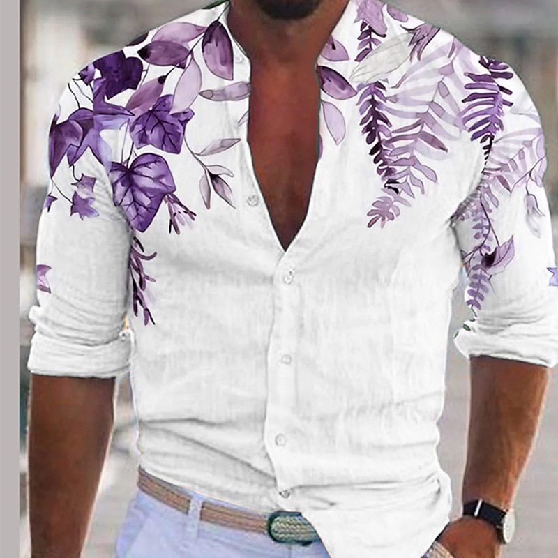 Men's Plant Shirt Linen Shirt Casual Shirt Long Sleeve Modern Contemporary Casual Hawaiian Vacation Going out Beach Summer Spring Turndown Print Button-Down Blue Purple Green Coffee3