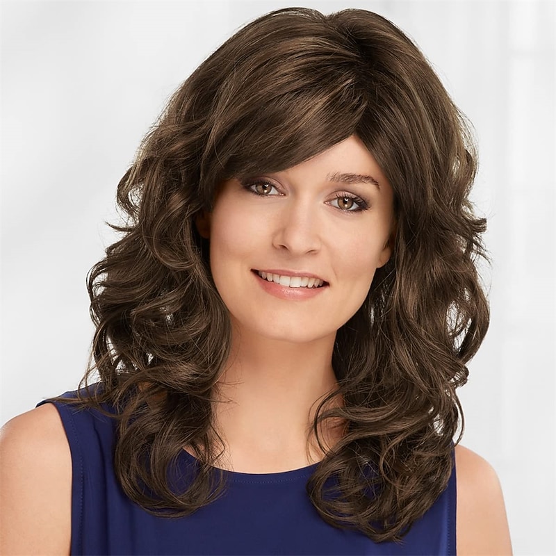 Long Wig with Swept Bangs and Bouncy Curls / Multi-Tonal Shades of Blonde Silver Brown and Red