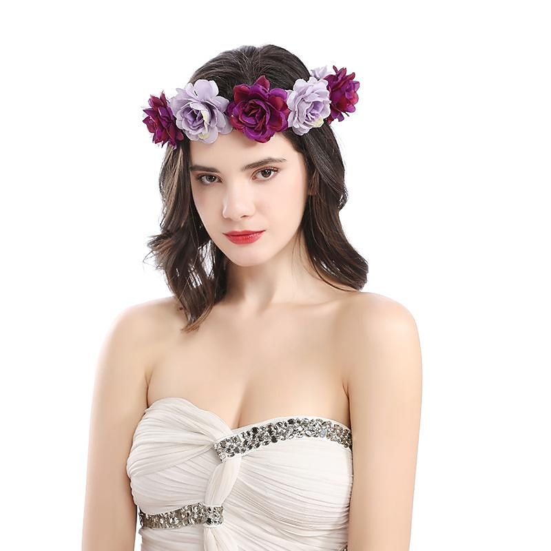 Flower Headband Rose Floral Boho Wreath Garland Hair Hoop Bohemian Headdress Headwear Headpiece Women Girls Crown Leaf Hair Bands Party Decoration Cosplay Costume Handmade Hair Accessories Champagne3