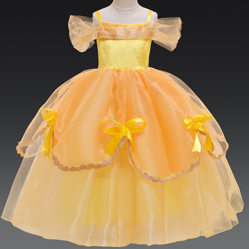 Kids Girls' Party Dress Solid Color Short Sleeve Performance Pegeant Ruched Patchwork Princess Costume Polyester Maxi Party Dress Swing Dress Summer Spring 3-10 Years Yellow2