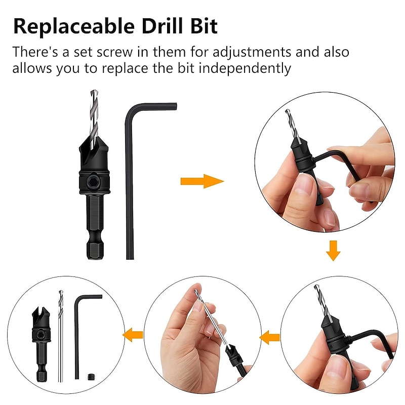 1 Set, Countersink Drill Bit Set, 6pcs Free Replaceable HSS Drill Bits For Wood Quick-Change Chamfered Adjustable Drilling Tool Kit On Pilot Counter Sink Holes For Woodworking4