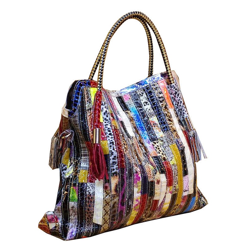 Chic Multicolored Patchwork Leather Handbag - Eye-Catching Designer Tote, Perfect for Fashion-Forward Outfits and Special Occasions3
