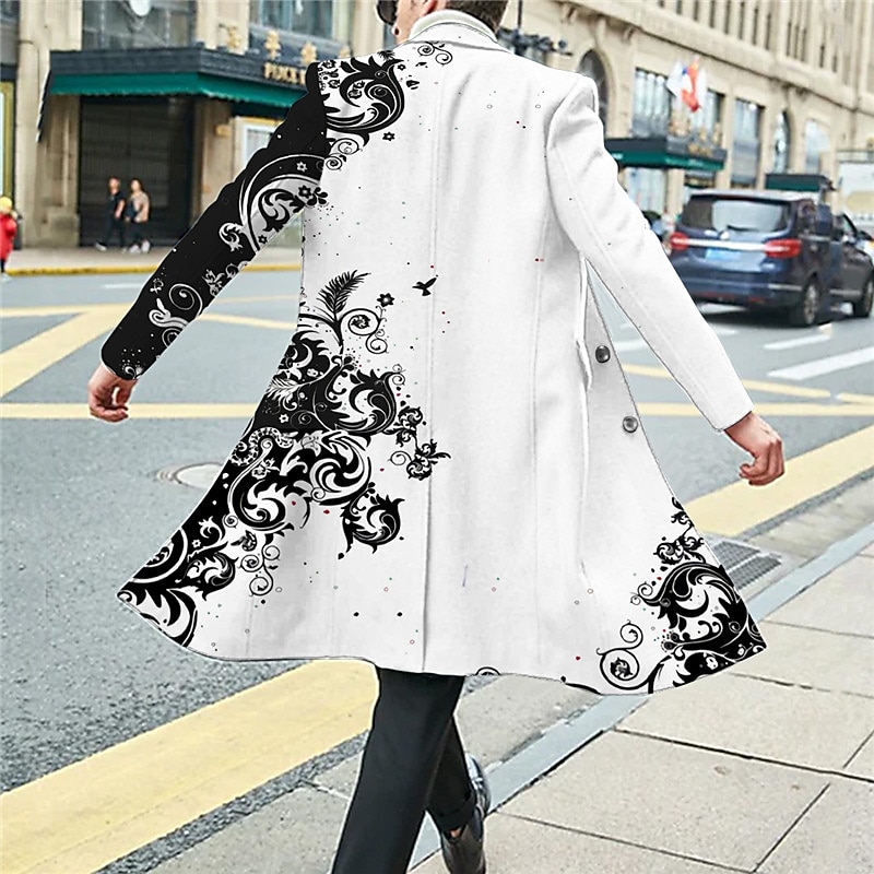 Men's Floral Graphic Prints Winter Coat Overcoat Coat Warm Comfortable Breathable Fashion Streetwear Business Work Wear to work Going out Pocket Print Fall & Winter Turndown Long Sleeve Black White