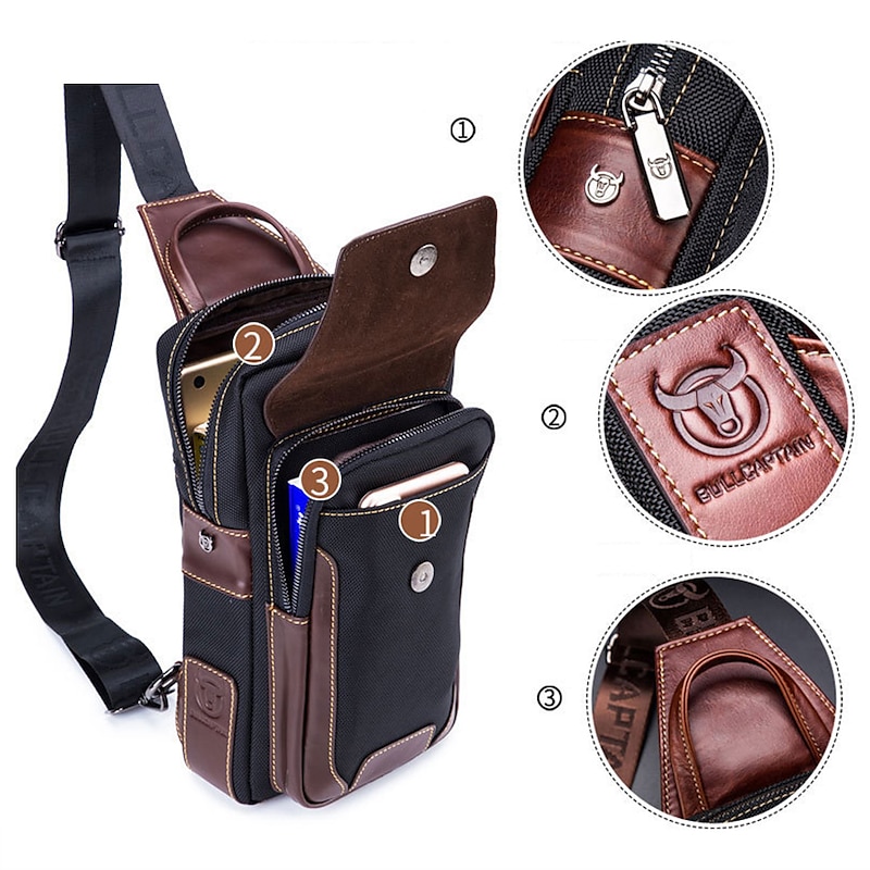 Men's Premium Cowhide Leather and Nylon Crossbody Sling Bag - Multi-Pocket Design with Adjustable Strap for Travel and Daily Use2