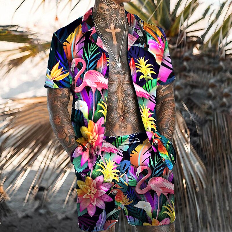 Men's Floral Flamingo 2pcs Shirts Sets Summer Hawaiian Shirt Short Sleeve Short Pants Turndown Tropical Fashion Hawaiian Street Casual Hawaiian Print Summer Spring Black Red Orange