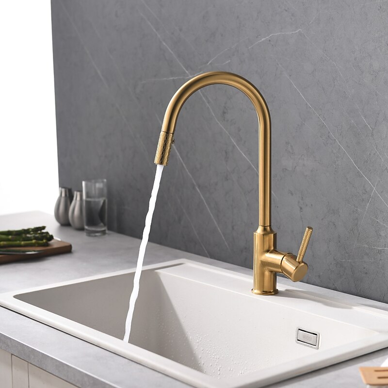 Kitchen Sink Mixer Faucet Pull Out, Single Lever Handle Brushed Solid Brass Taps Cold Hot Hose, One Hole with Pull Down Sprayer Black Gold Faucets3