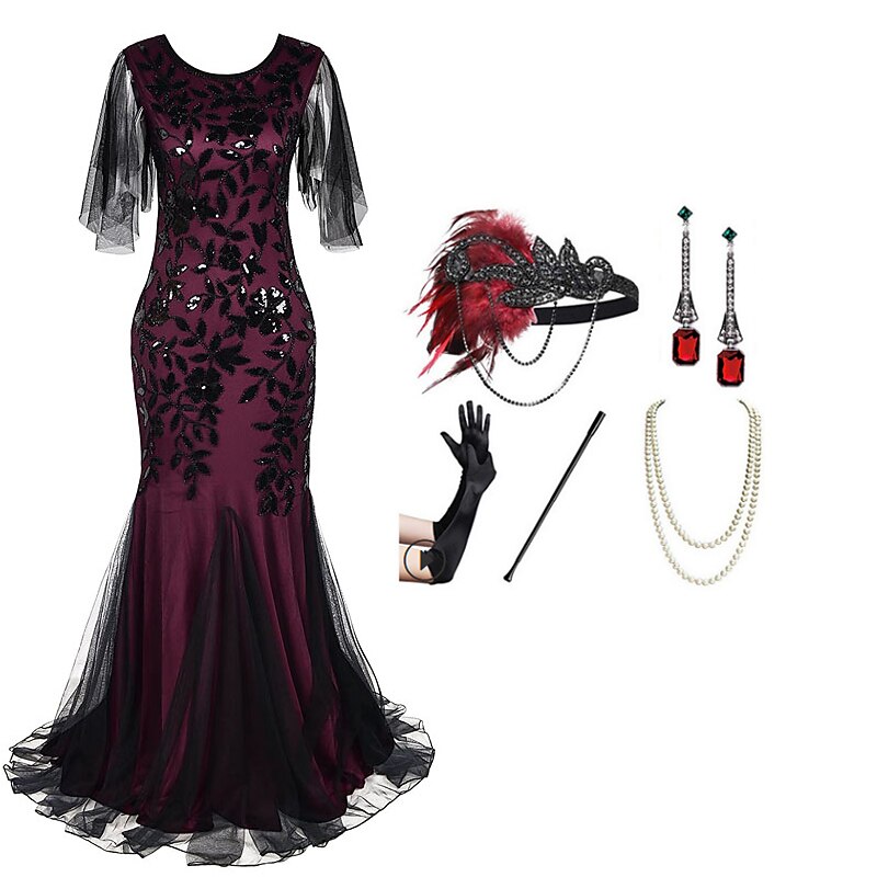Retro Vintage Roaring 20s 1920s Flapper Dress Dress Outfits The Great Gatsby Wedding Guest Sequins Fancy Dress Women's Party Evening Wear Wedding Reception Bachelorette Party Adults' Dress Gloves