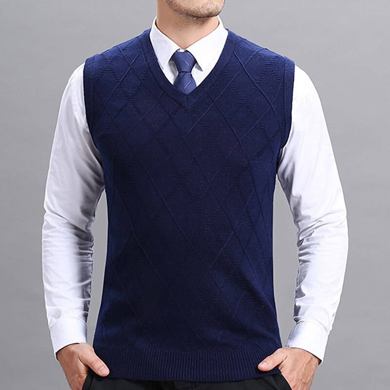 Men's Sweater Vest Dress Sweater Wool Sweater Pullover Sweater Jumper Knit Knitted Plaid V Neck Stylish Vintage Style Clothing Apparel Fall Winter Navy Blue Light Grey S M L2