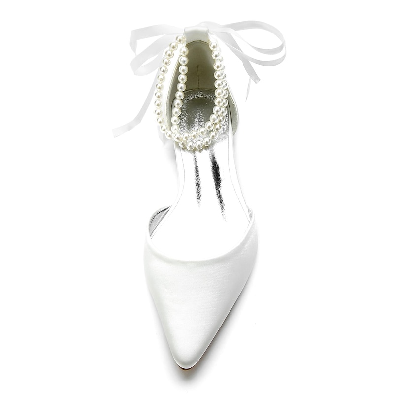 White Satin Flat Wedding Shoes with Pointed Toe, Pearl Chain Ankle Strap, and Ribbon Detail for Bridal Occasions3