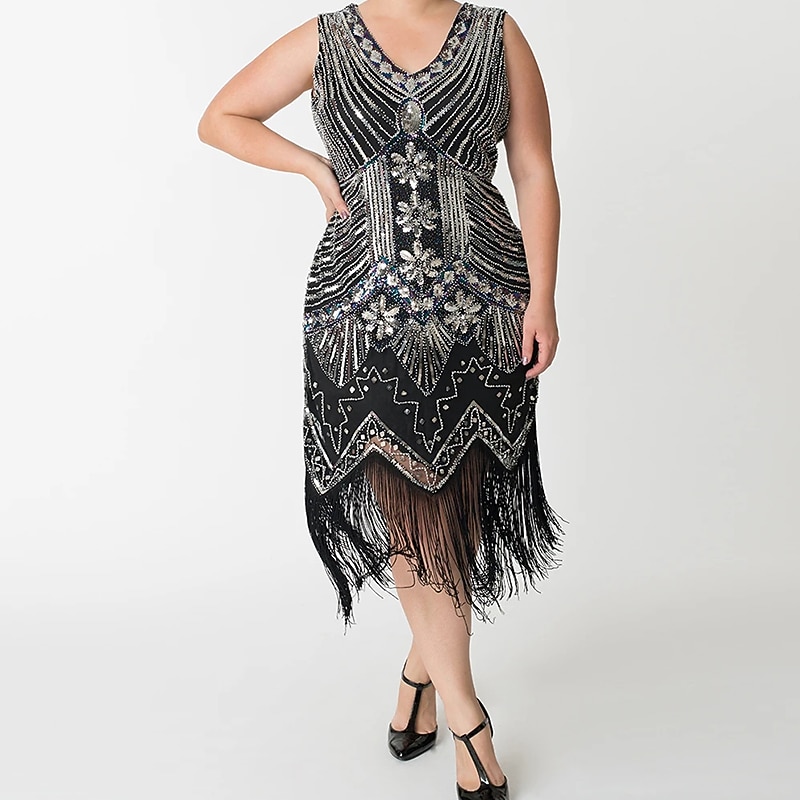 6 Pcs Flapper Dress with Accessories S-4XL Plus Size 1920s Cocktail Dress Feather Headband Earings Necklace Gloves Plastic Cigarette Holder Sequins Tassel Fringe Party Evening Prom Masquerade4