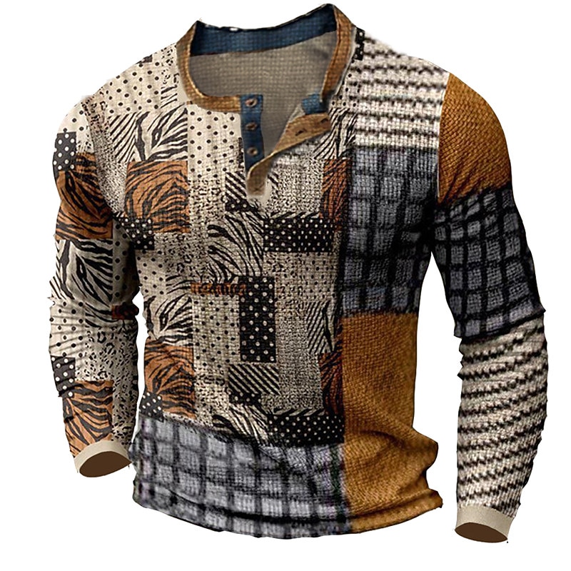 Men's Graphic Color Block Waffle Henley Shirt Tee Long Sleeve 3D Print Fashion Designer Comfortable Outdoor Casual Daily Spring &  Fall Brown Henley Henley T-Shirt