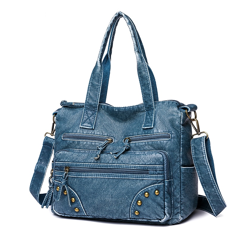 Women's Denim Blue Multi-Pocket Tote Bag - Casual Large Capacity Shoulder Bag for Daily Use and Travel2