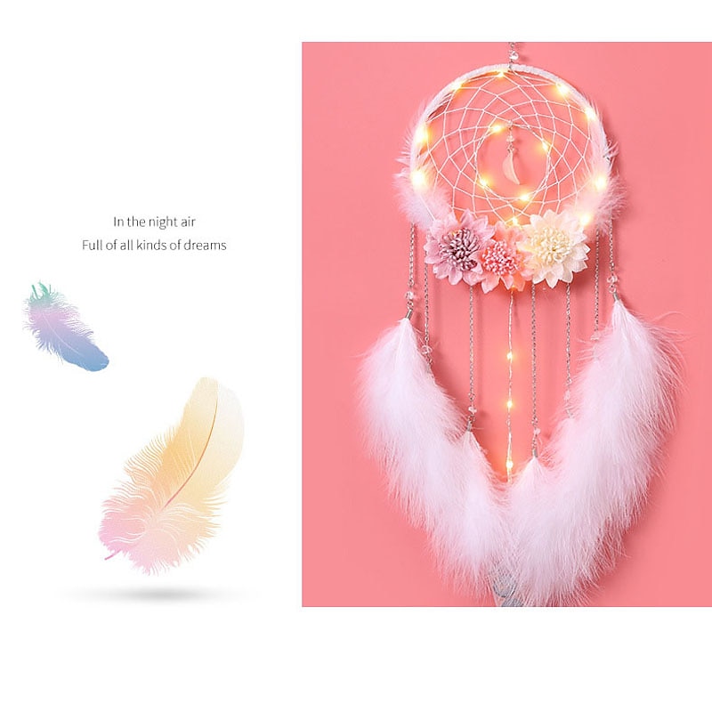 LED Dream Catcher Wall Decor Battery Powered Creative Weaving Feathers Wind Chime Lights Home Bedroom Girl Room Decoration Lamp Best Birthday Gift for Friends4