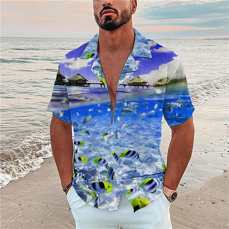 Men's Graphic Scenery Seascape Pattern Shirt Summer Shirt Summer Hawaiian Shirt Short Sleeve Shirt Turndown Fashion Hawaiian Designer Outdoor Street Casual Black Yellow Navy Blue Print S M L4