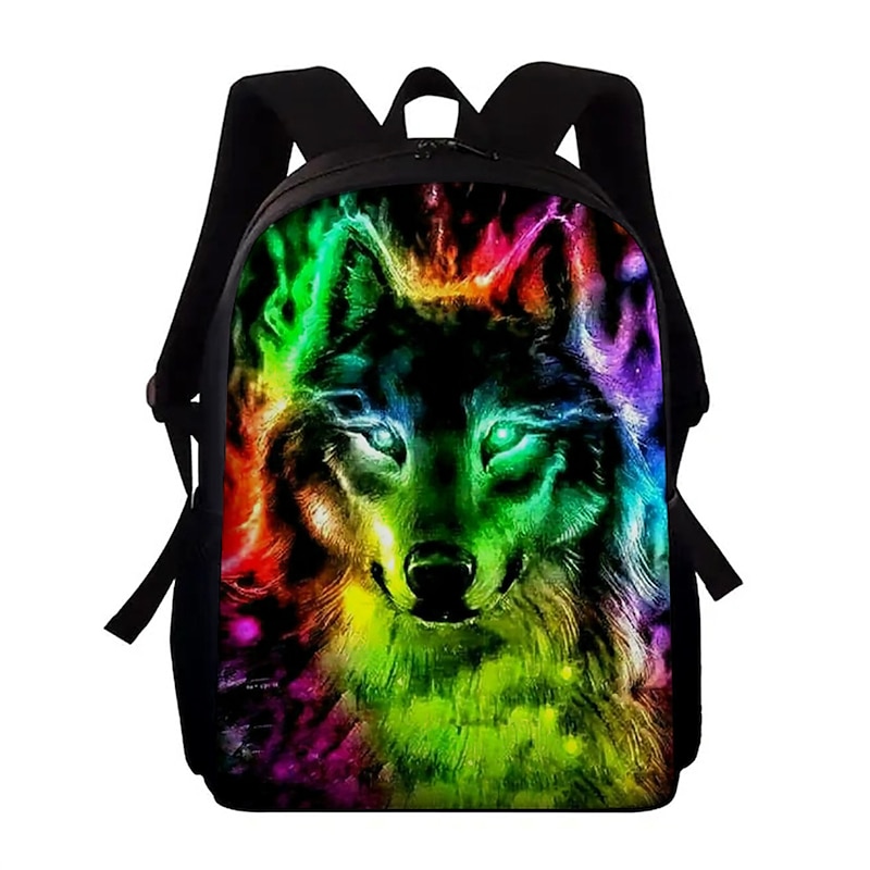 3D Wolf Print Backpack for Teens with Rainbow Flame Design – Lightweight School Bag for Boys, Girls, or Outdoor Daily Use