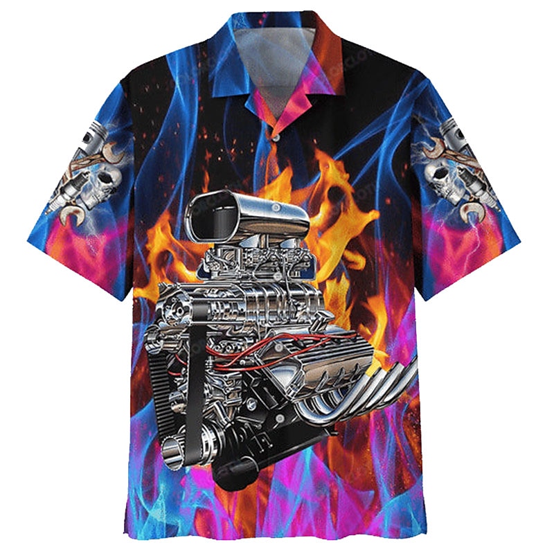 Men's Flame Machine Shirt Summer Hawaiian Shirt Aloha Shirt Short Sleeve Shirt Turndown Tropical Fashion Hawaiian Casual Hawaiian Holiday Black Yellow Blue S M L