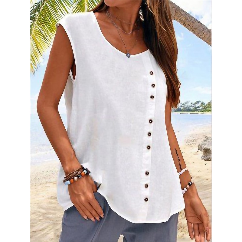 Women's Camisole Tank Top Plain Hawaiian Basic Sleeveless Round Neck Cotton Linen Vest  Casual Weekend Buttons Black White Blue Green