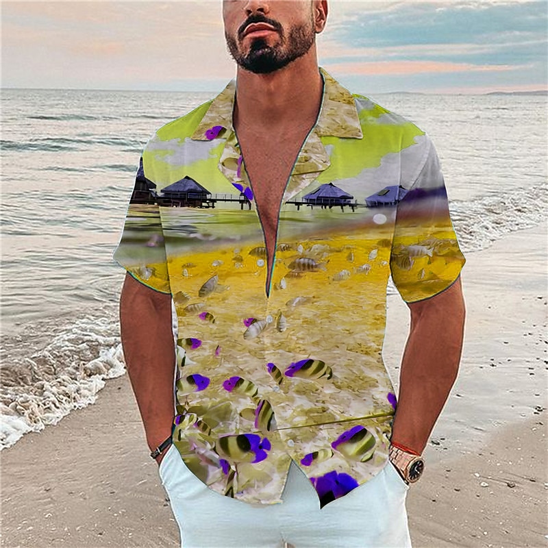 Men's Graphic Scenery Seascape Pattern Shirt Summer Shirt Summer Hawaiian Shirt Short Sleeve Shirt Turndown Fashion Hawaiian Designer Outdoor Street Casual Black Yellow Navy Blue Print S M L3