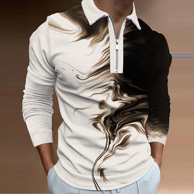 Men's Graphic Zip Polo Shirts Golf Shirt Long Sleeve Polo Shirts Collared Shirts Casual Vacation Wear Rave Wear Party Outfits 3D Print Quarter Zip Polo Black White Blue4