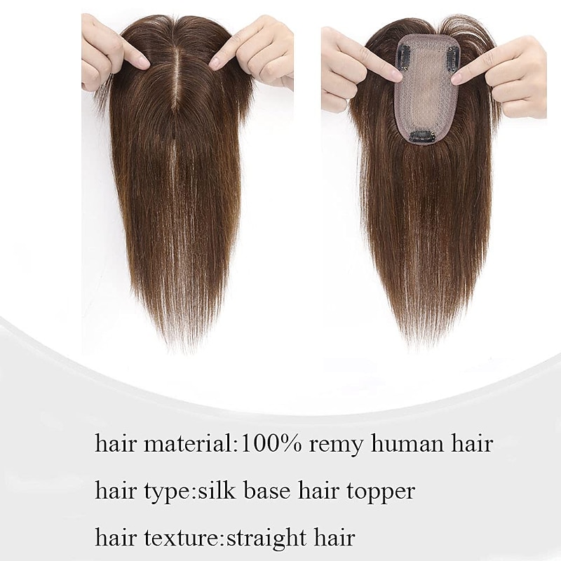Choices 120% Density Silk Base Top Hairpiece 100% Human Hair Extensions Clip In On Hair Topper For Women Hand-made Top Hair Piece Middle Part With Thinning Hair Loss Hair #4 Medium Brown 6'' 27g3