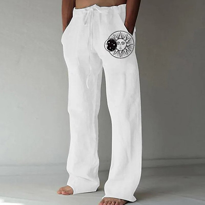 Men's Linen Pants Trousers Summer Pants Beach Pants Pocket Drawstring Print Sun Graphic Prints Comfort Outdoor Daily Going out Streetwear Stylish White Yellow2