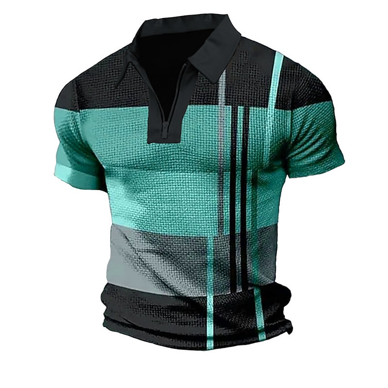 Men's Plaid Zip Polo Shirts Golf Shirt Short Sleeve Polo Shirts Collared Shirts Vintage Casual Vacation Wear Formal Wear Festival Wear 3D Print Quarter Zip Polo Light Green Red Blue4