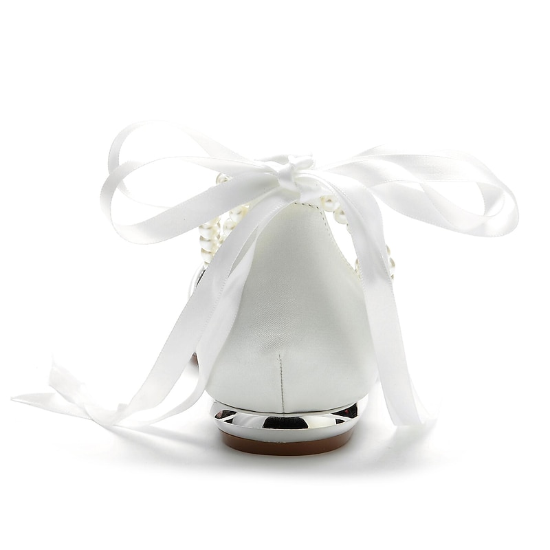 White Satin Flat Wedding Shoes with Pointed Toe, Pearl Chain Ankle Strap, and Ribbon Detail for Bridal Occasions4
